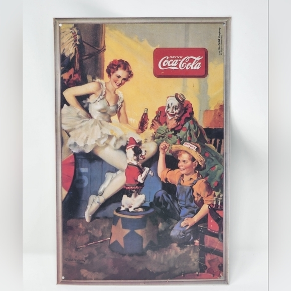 1990 Coca Cola Sign Tin Logo 8 1/2"× 13" Vintage Girl Dancer Kid Dog Clown Red